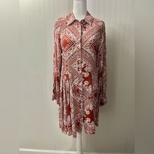 Chic Rust and White Paisley Long Sleeve Dress